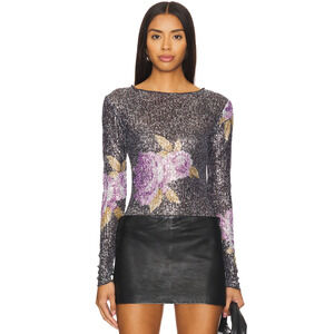 Free People Printed Gold Rush Sequin Top Long Sleeve Amethyst Combo XS NWT
